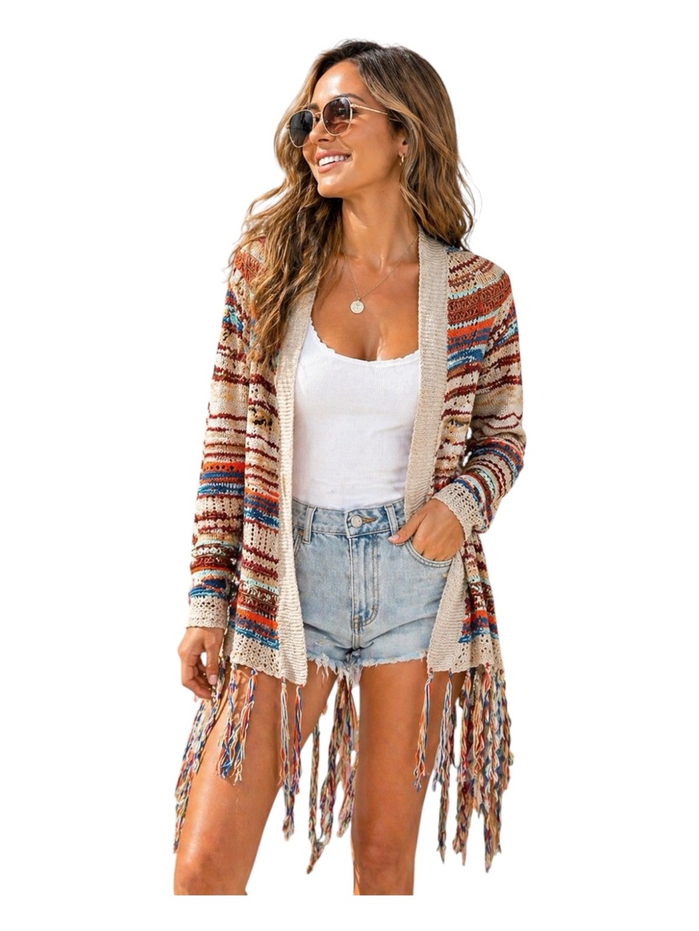 GeeGee Boho Fringe Cardigan Aztec Tribal Open Front Duster Western Festival M/L